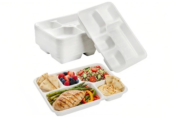 School lunch catering application using 5-compartment compostable bagasse plates filled with balanced meal School lunch catering application using 5-compartment compostable bagasse plates filled with balanced meal